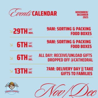 View the AAF November/December calendar to see when you can come help us! Share this calendar with your loved ones and be ready to have fun while helping us get everything ready for Delivery Day! With over 400 families receiving gifts on Dec 13th, getting volunteers to sort, pack and unload gifts is essential for us to reach our goal. #adoptafamily #losangeles #dtla #christmasmagic #christmaspresents #helpinghands #giftpackaging #lacatholics #olacathedral