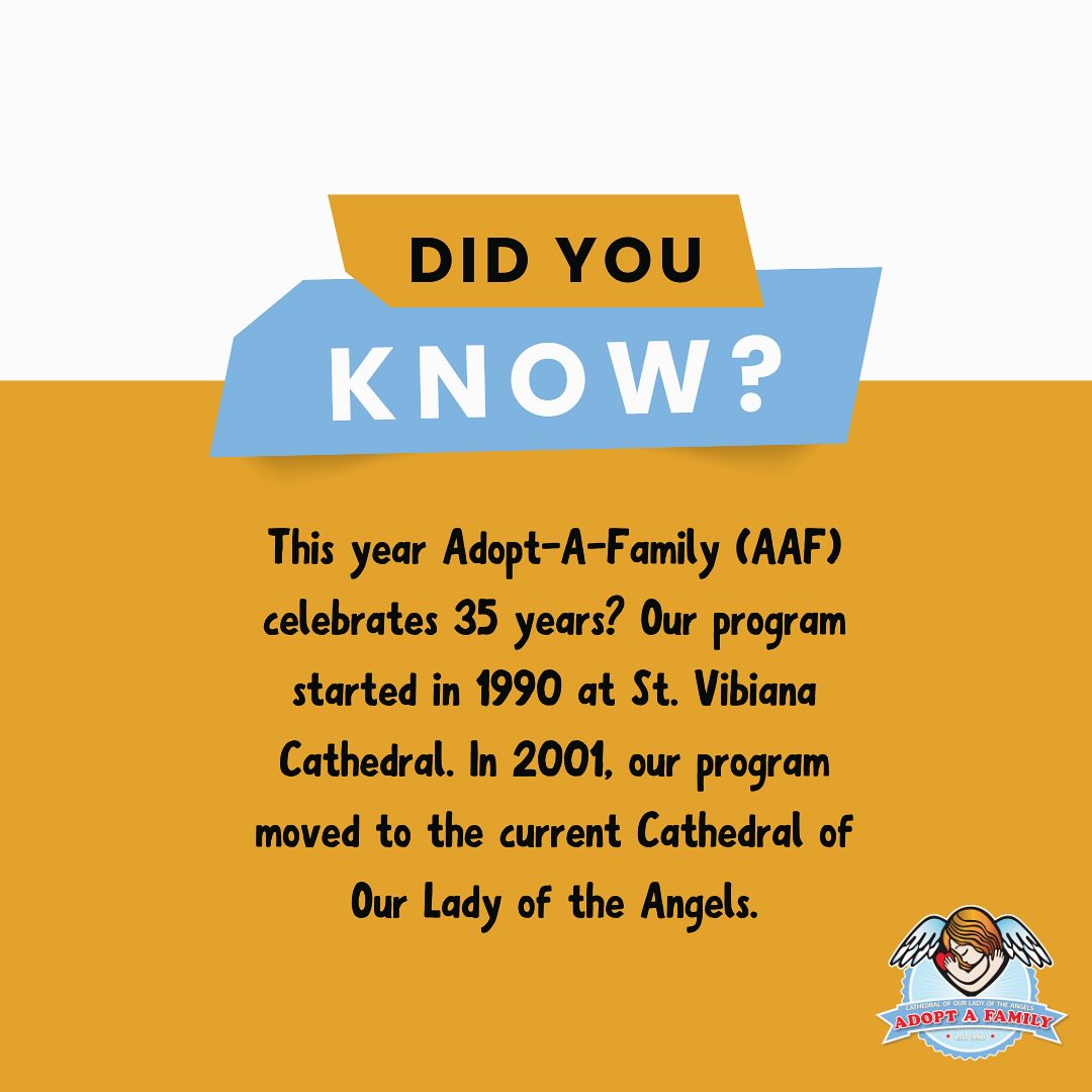 The more you know... 
This year AAF celebrates another milestone: 35 years of helping families in Los Angeles! While our office (and magic) happens at the Cathedral of Our Lady of the Angels, our program once had another home. We actually started at St. Vibiana Cathedral, until we moved in 2001. #TheMoreYouKnow #FunFacts #DidYouKnow #AAF #adoptafamilyla #makingchristmasmagic #helpingothers #outreach