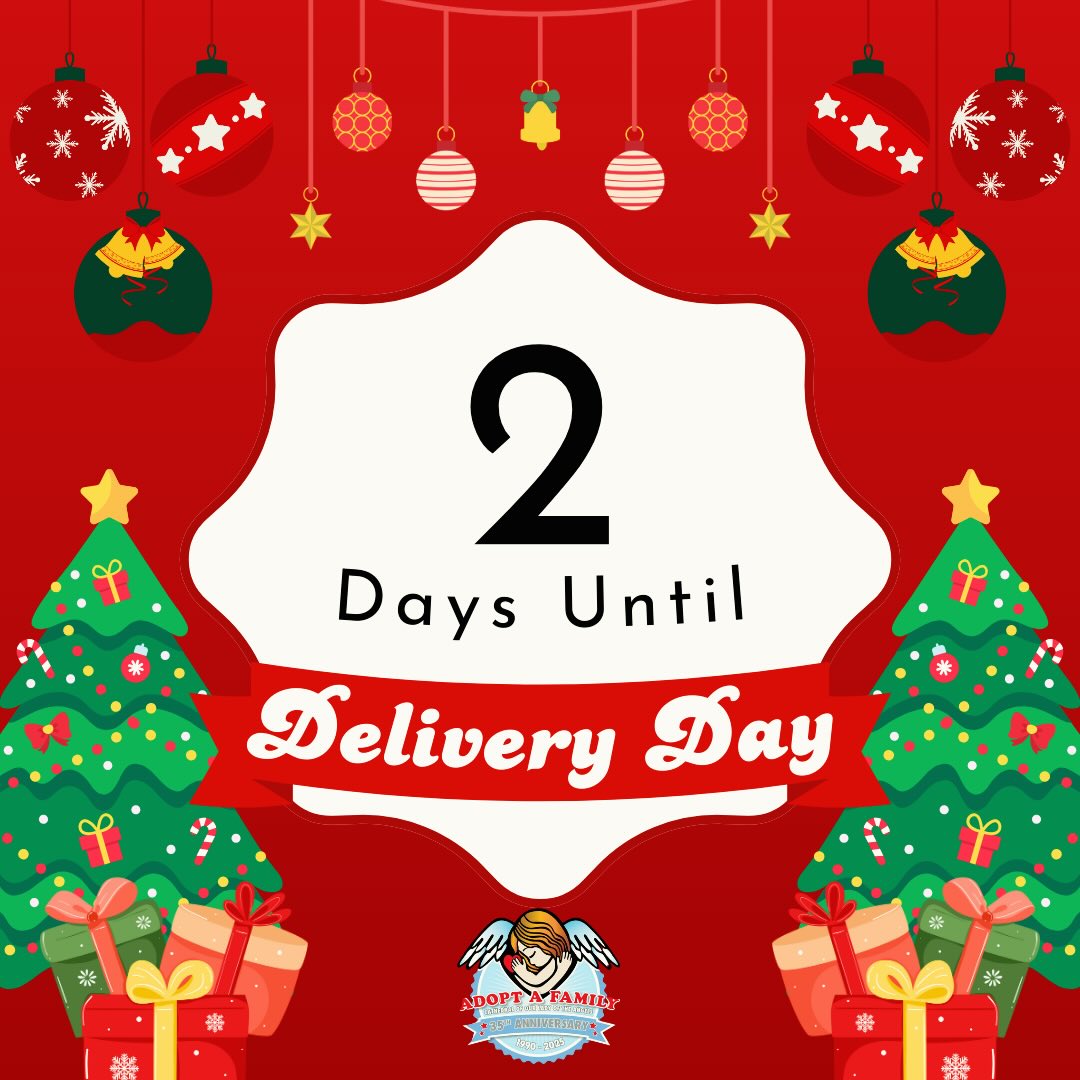 LA Angels we are 2 days away from Delivery Day! Are you excited? Get ready for a day of joy and compassion. This delivery day is extra special, so don’t forget to bring the holiday cheer on Saturday.
Stay tuned for our guide to a successful delivery day! #adoptafamily #christmas #lacatholics #countdown #35thanniversary
