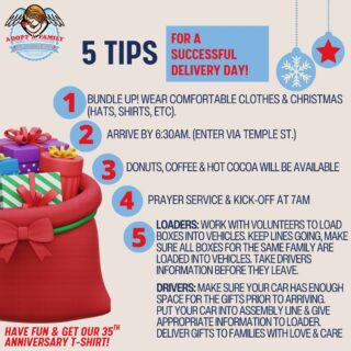 Delivery Day Angels, 435 families are counting on us! With Delivery Day only 2 days away, here are 5 tips to make your Delivery Day experience a success.
Plan to arrive early at Cathedral as many cars will enter the lot. Stay warm and enjoy light refreshments. We will continue with a special prayer service celebrating our 35th Anniversary.
If you are a Loader (will help load cars with gifts), head to our staging area for further information. If you are a driver, make sure your car and information is ready for when you are next in the assembly line.
Cheer Squad you are equally important! Greet drivers, spread the Christmas spirit.
We couldn’t do this without you, so please know of our gratitude! 🎄🎁💝 #adoptafamily #deliveryday #tips #volunteer #lacatholics