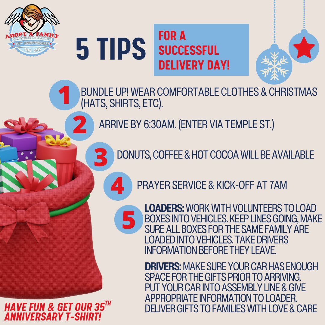 Delivery Day Angels, 435 families are counting on us! With Delivery Day only 2 days away, here are 5 tips to make your Delivery Day experience a success.
Plan to arrive early at Cathedral as many cars will enter the lot. Stay warm and enjoy light refreshments. We will continue with a special prayer service celebrating our 35th Anniversary.
If you are a Loader (will help load cars with gifts), head to our staging area for further information. If you are a driver, make sure your car and information is ready for when you are next in the assembly line.
Cheer Squad you are equally important! Greet drivers, spread the Christmas spirit.
We couldn’t do this without you, so please know of our gratitude! 🎄🎁💝 #adoptafamily #deliveryday #tips #volunteer #lacatholics