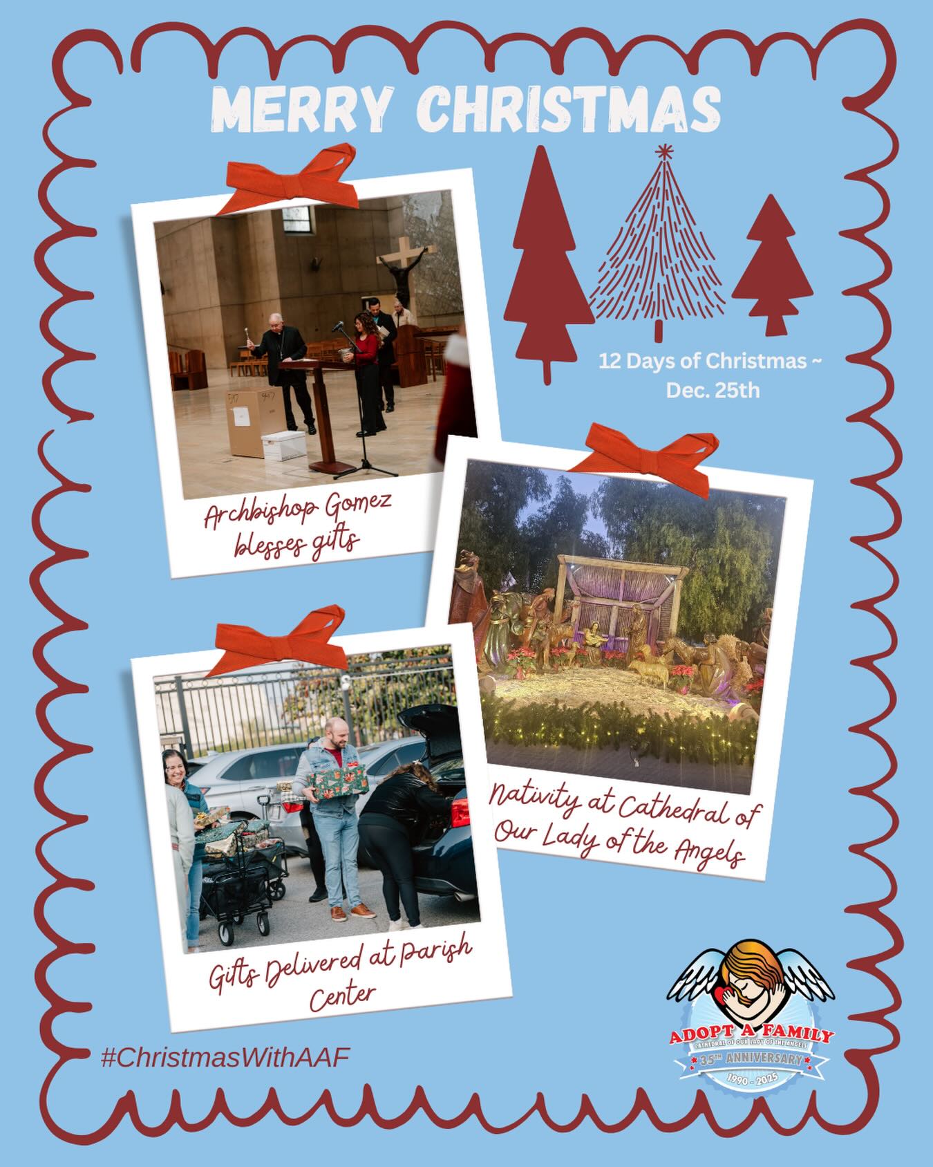 On Christmas Day we thank Jesus for the love and light he brings. We remember @archbishopgomez blessing this year’s AAF gifts and happy faces of families receiving their gifts on Delivery Day. Thank you @olacathedral for always putting up a beautiful Nativity Set for all LA faithful to see. How do you celebrate Christmas Day? 🎄🙏🏽🎁 #12DaysofChristmas #Day1 #ChristmasWithAAF #lacatholics #christmas