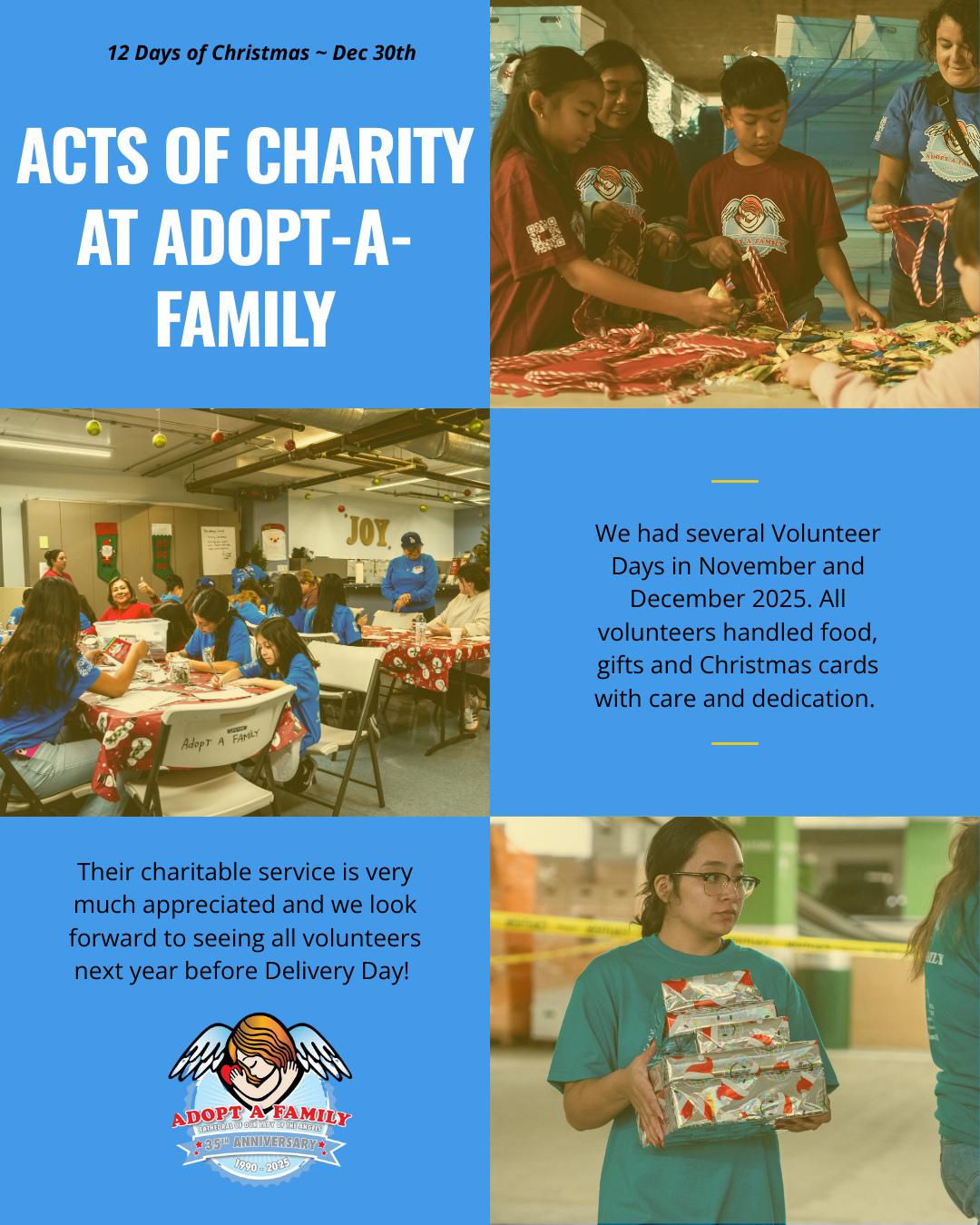 Some of our favorite days during the AAF season are our Volunteer Days! It brings new energy in the office and we are filled with gratitude. On behalf of our "sponsored" families, we thank you for your charitable service. Volunteers come from local families, local catholic schools, and LA Based organizations. They do so much for our program: wrap gifts, assemble bicycles, sort through food donations, write cards to families, and more. This Christmas season remember that 'Acts of Charity' are a way of showing God's love. #ChristmasWithAAF #Day6 #Charity #Volunteers #12DaysofChristmas