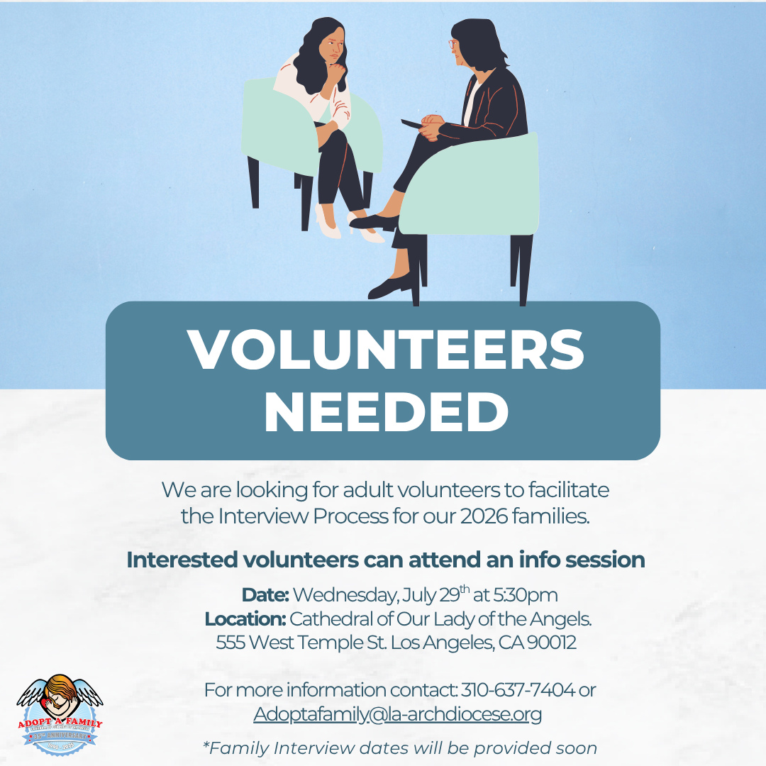 🎄 Christmas in July? We couldn't let the month end without kicking off our first information session of the year!⁠
⁠
As we begin preparing for our 2026 Adopt-A-Family Program, we're looking for adults 18 and older who are interested in volunteering during our Family Interview Process.⁠
⁠
📅 Tuesday, July 29⁠
🕠 5:30 PM⁠
📍 @olacathedral⁠
⁠
Join us to learn more about this incredible opportunity where you get to meet wonderful families hoping to have a brighter Christmas. We hope to see you there!⁠
⁠
#ChristmasInJuly #AdoptAFamily #Volunteer #DowntownLA #InfoSession #JoinUs