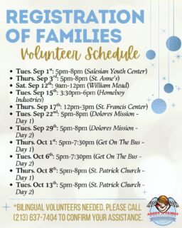 We are ready to kick off the Registration of Families for this year’s AAF program! We need many bilingual (Spa/Eng) volunteers to join us at the following centers so we can create comprehensive family profiles. (You can choose which dates to volunteer). The success of our program depends on this step - as donors get these family profiles in the upcoming months. 
 
If you’d like to be part of our “Interviewing Team” or want more information, contact our office before the end of August! #Adoptafamily #volunteer #christmas #catholic #christmas2026