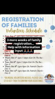 🙌 VOLUNTEERS NEEDED! 🙌
Want to make a difference in our community? We’d love your help!

📍 Adopt a Family Office
Our Lady of the Angels Cathedral
🕔 5:00–7:30 PM

💬 Bilingual volunteers are an added bonus!

Come lend a hand and help make a positive impact. ❤️ 

DM for more information