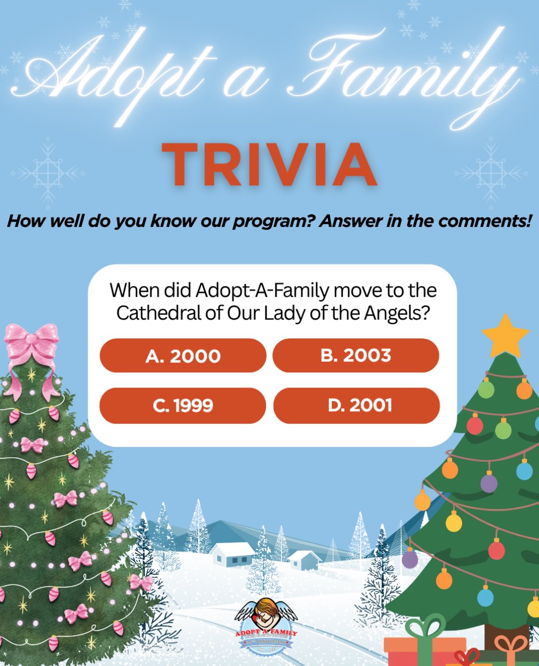 Trivia Time! What year did Adopt-A-Family move to its current location @olacathedral? 
 
Leave your answer in the comments! 
 
#AdoptAFamily #HelpingFamilies #Christmas #Trivia #dtla